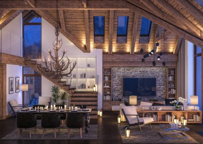 3D rendering of evening living room of chalet